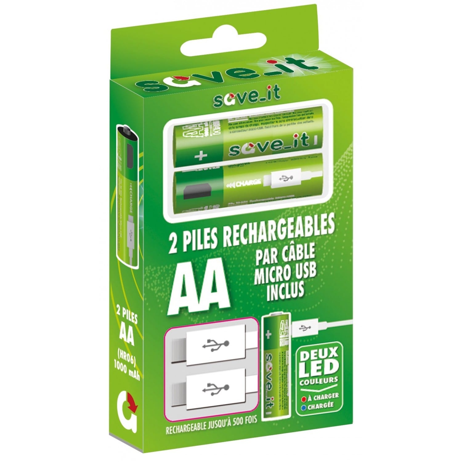 Piles rechargeables SAVE_IT en micro USB LR6 AA - 1000mAh (blister 2)
