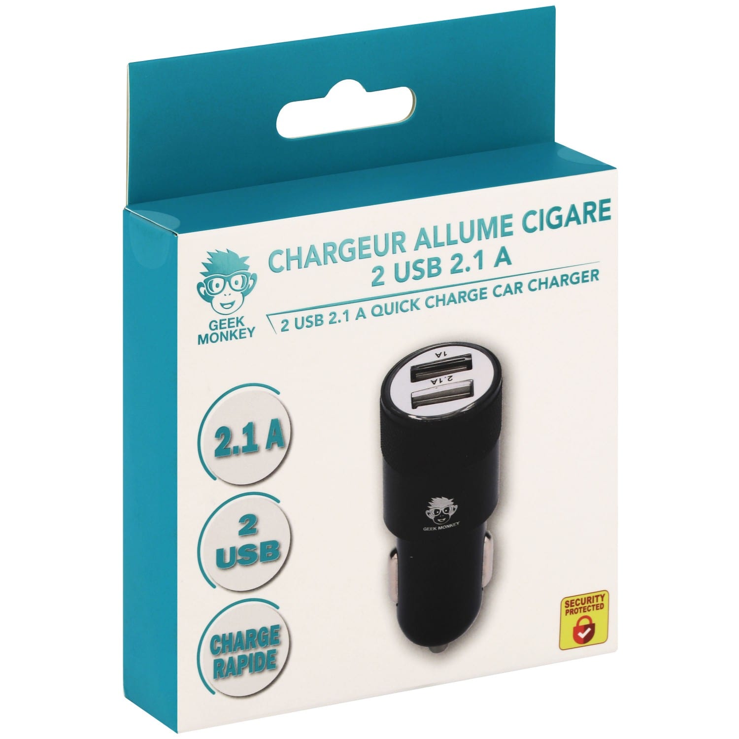 Chargeur GEEK MONKEY allume-cigare - 2x USB-A 2.1 - Charge rapide - Noir