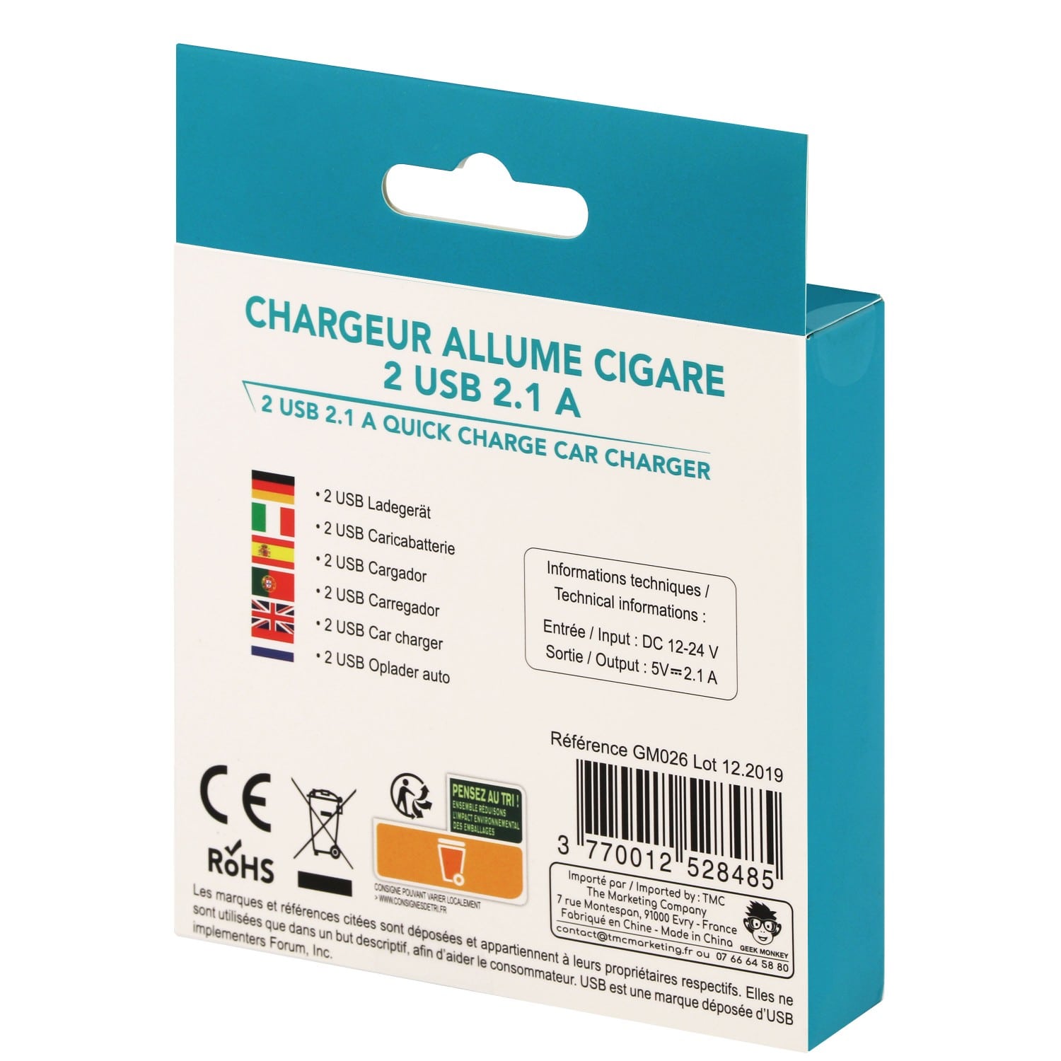 CHARGEUR ALLUME CIGARE 2 USB / 3A NOIR