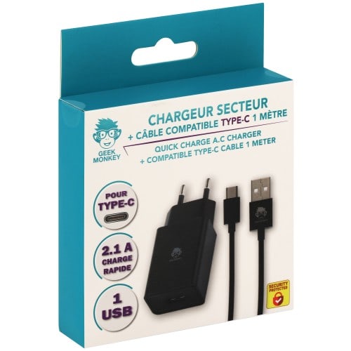 GEEK MONKEY - Chargeur secteur USB-A 2.1 + câble compatible USB-C - 1 mètre - Noir