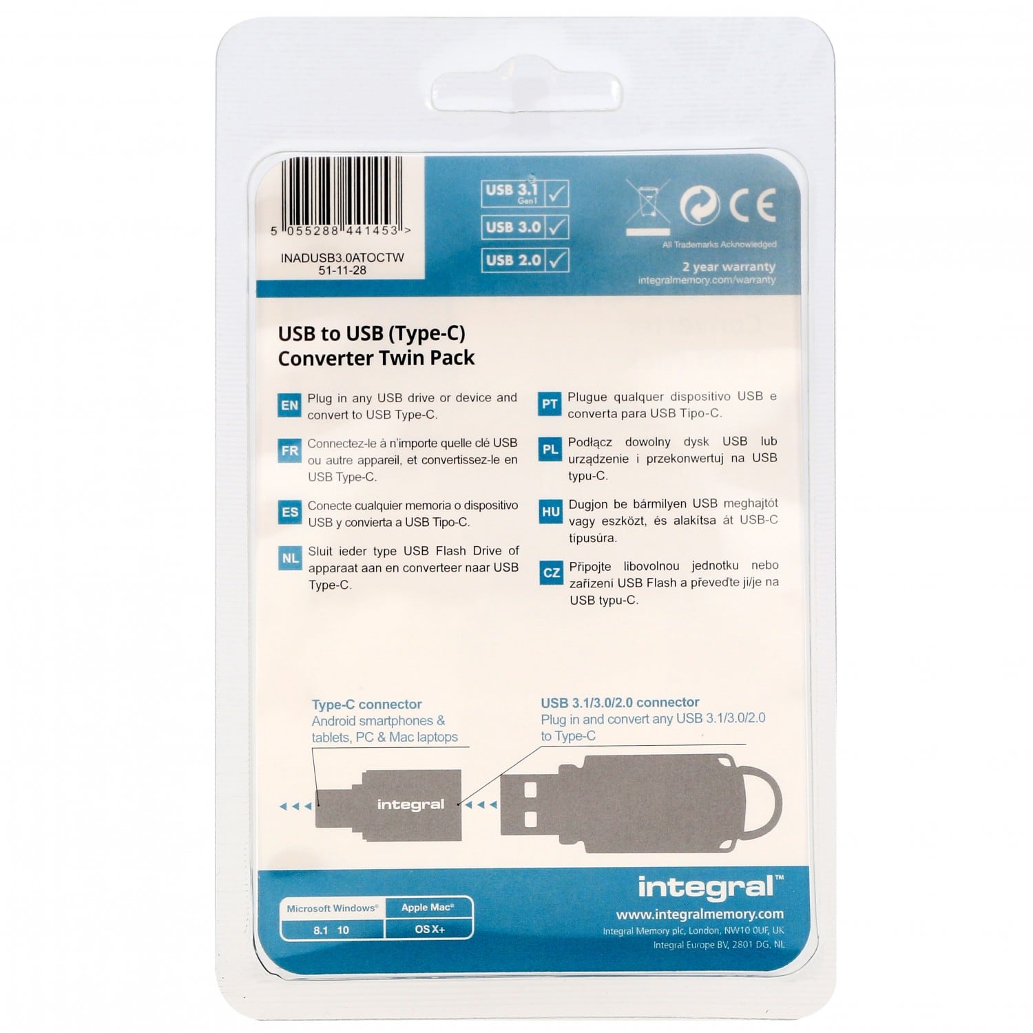 Integral Adaptateur USB Type-A vers USB Type-C pack de 2