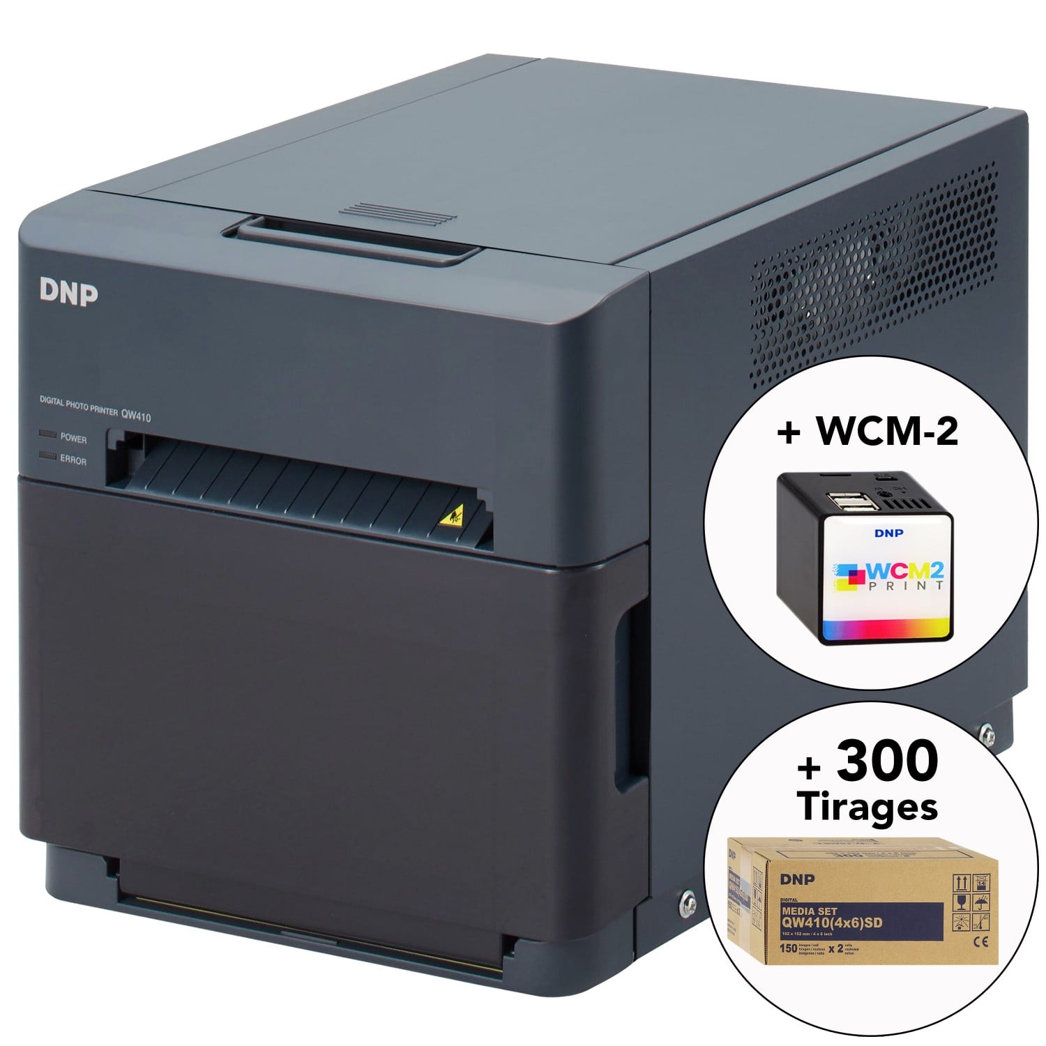 Kit imprimante thermique DNP DP-QW410 + 1 carton de consommables Standard  Digital pour 300 tirages (DPQW1015SD) + Module WiFi WCM-2