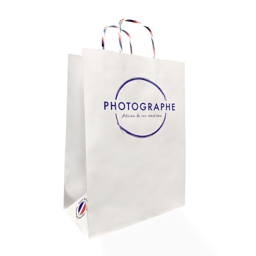 MB TECH - Sac papier blanc texturé sur le thème “Photographe” 18X26cm - 120g - Poignée torsadée - Lot de 350