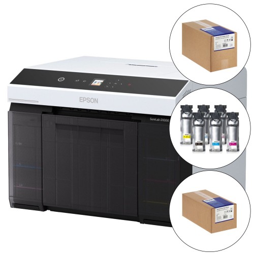 EPSON - Kit imprimante SureLab D1000 + 1 jeu d'encre 6 couleurs + carton de papier 2 rouleaux de 152mm SureLab Pro-S 254g et 2 rouleaux de 210mm SureLab Pro-S 254g (Brillant)