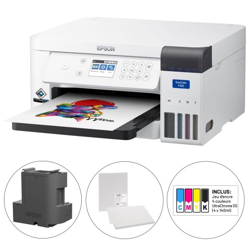 EPSON - Kit imprimante A4 SureColor SC-F100 + 1 jeu d'encre + bloc récupérateur + papier A4 - Kit de démarrage